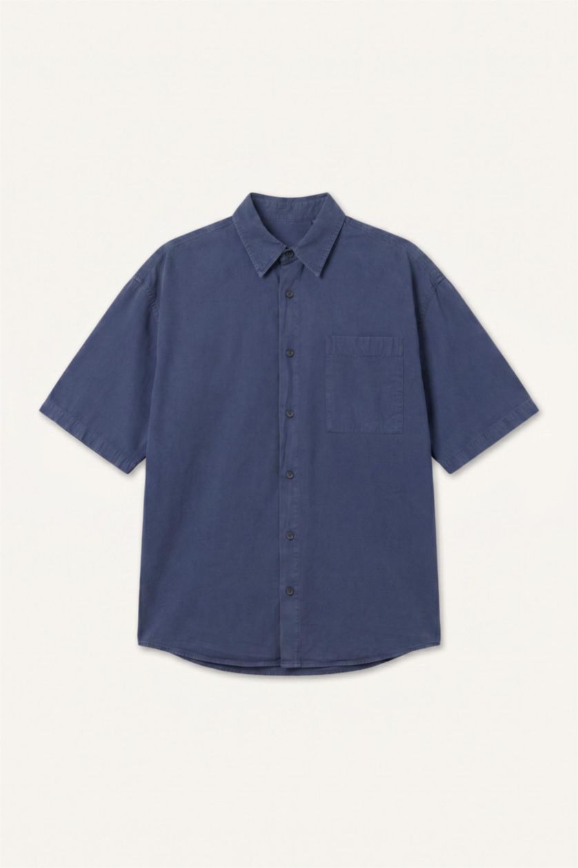 Men Blue Boxy Fit Gabardine Short Sleeve Shirt