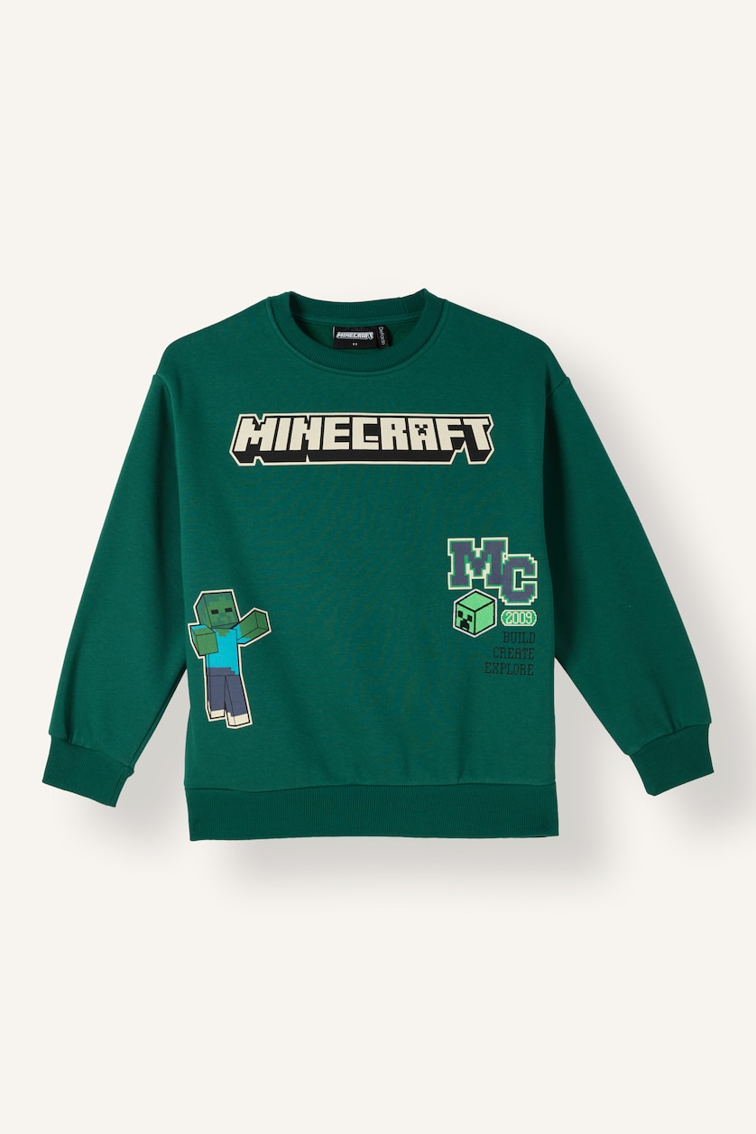 Erkek Çocuk - Genç Erkek Yeşil Minecraft İçi Yumuşak Tüylü Kalın Sweatshirt Erkek Çocuk