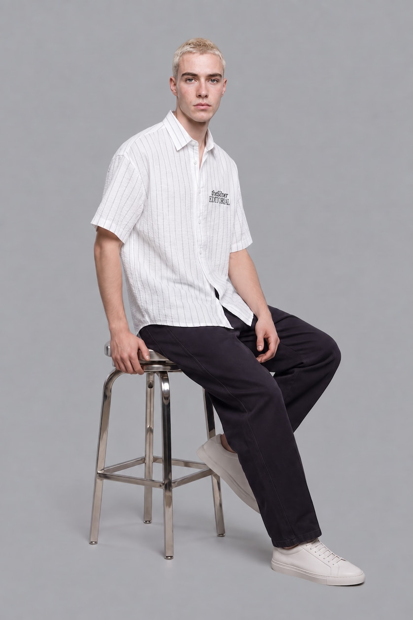Men Grey Boxy Fit Crinkle Short Sleeve Shirt