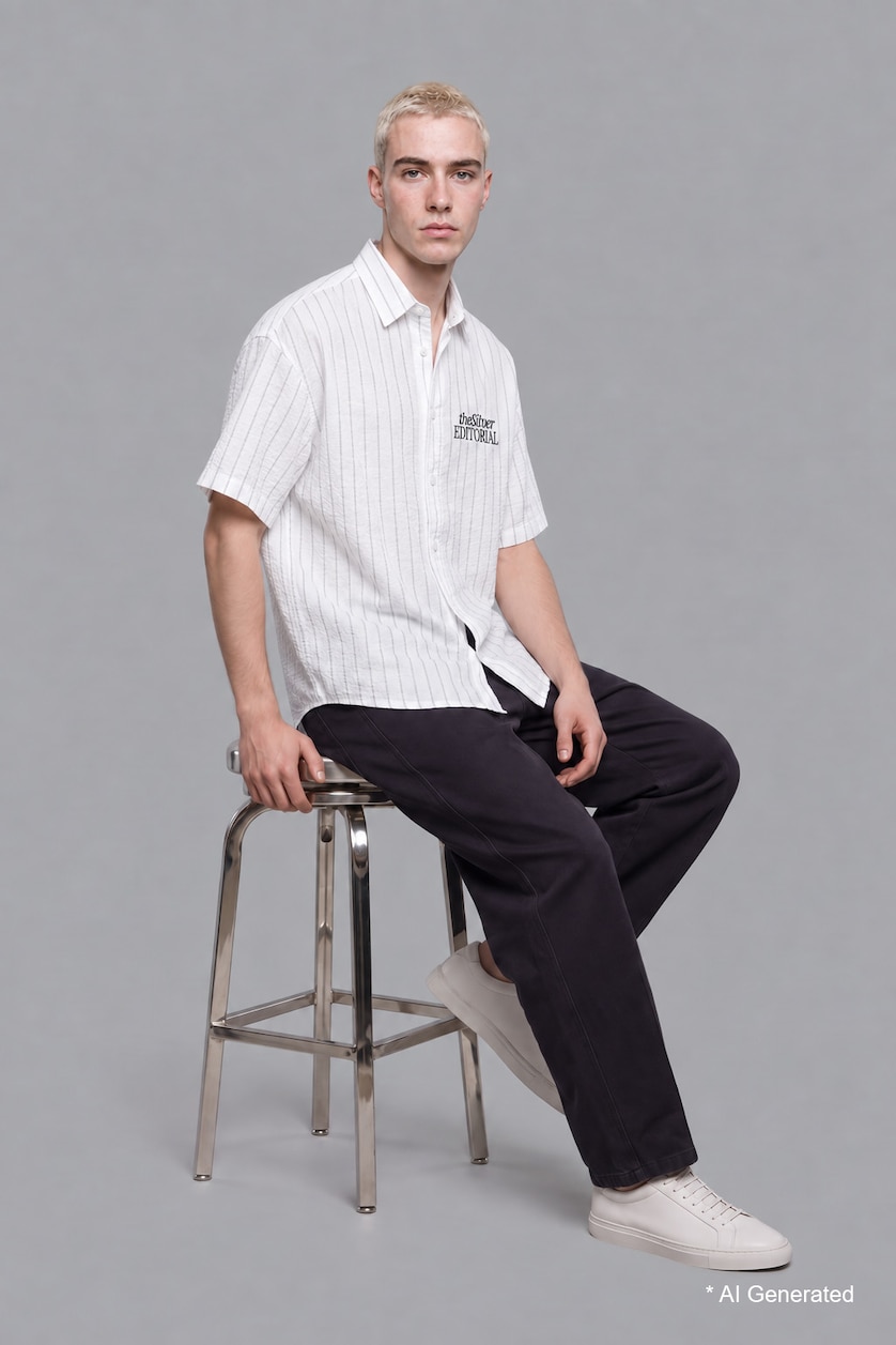 Erkek Gri Boxy Fit Kırışık Dokulu Çizgili Gömlek