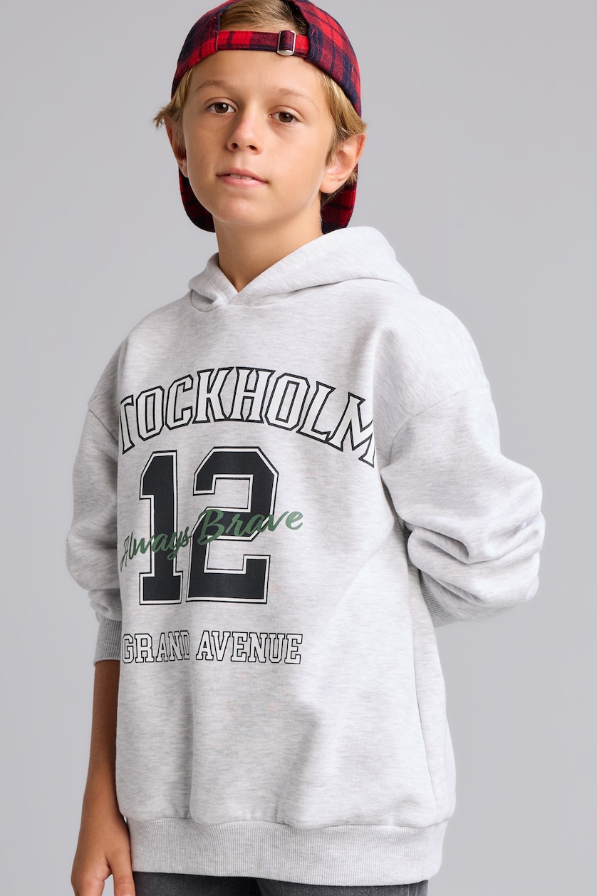 BOYS & TEENS Light Grey Melange هودي اولادي ببطانة ناعمة اوفر سايز بطبعة