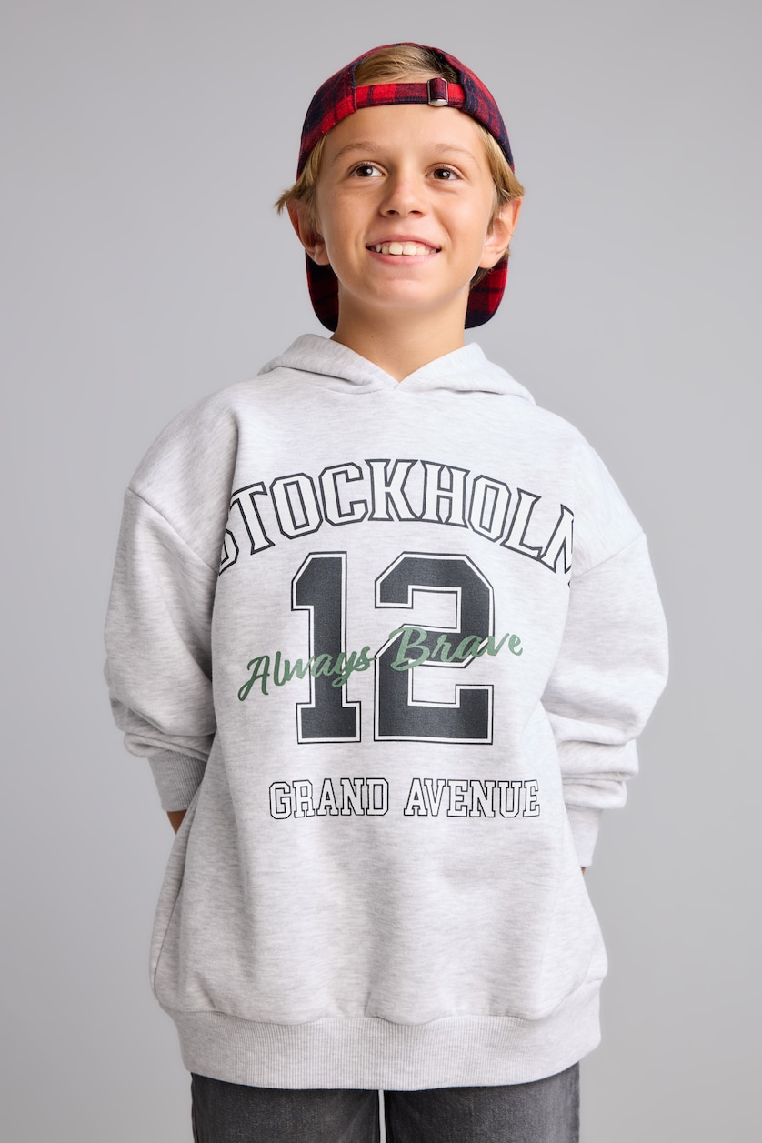 BOYS & TEENS Light Grey Melange هودي اولادي ببطانة ناعمة اوفر سايز بطبعة