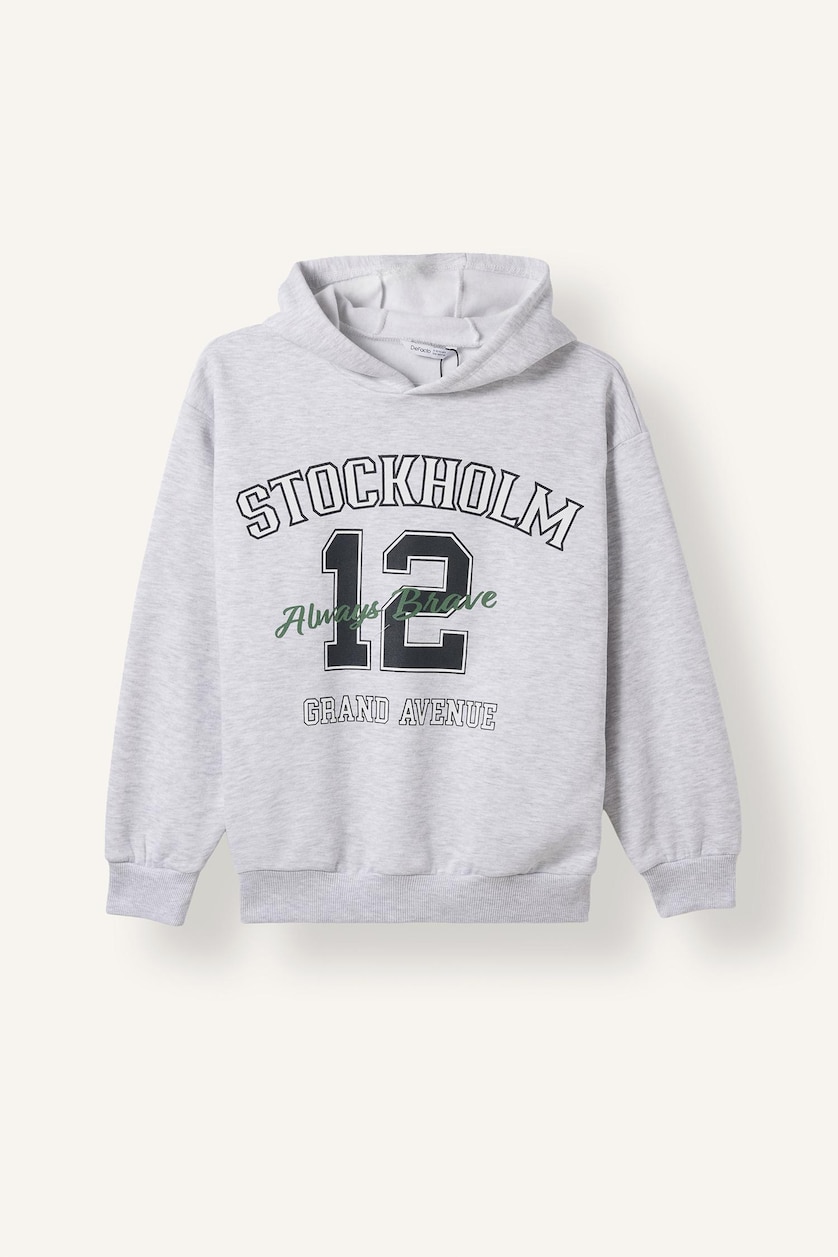BOYS & TEENS Light Grey Melange هودي اولادي ببطانة ناعمة اوفر سايز بطبعة