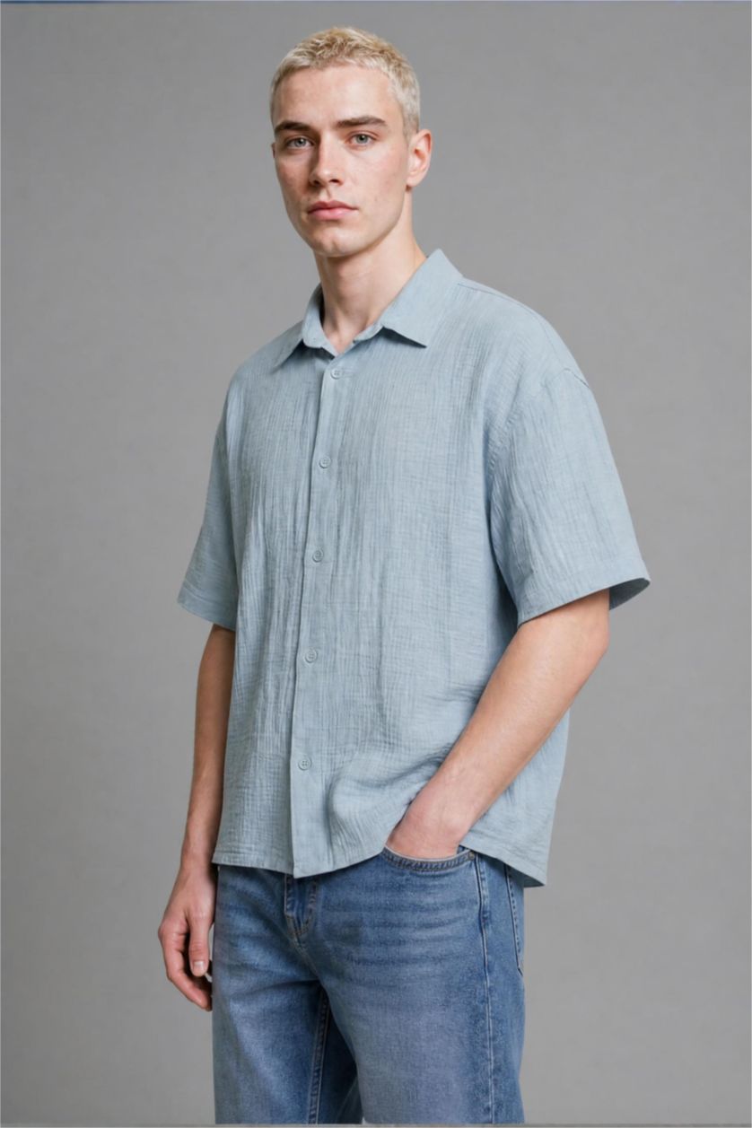 Men Blue Boxy Fit Muslin Short Sleeve Shirt