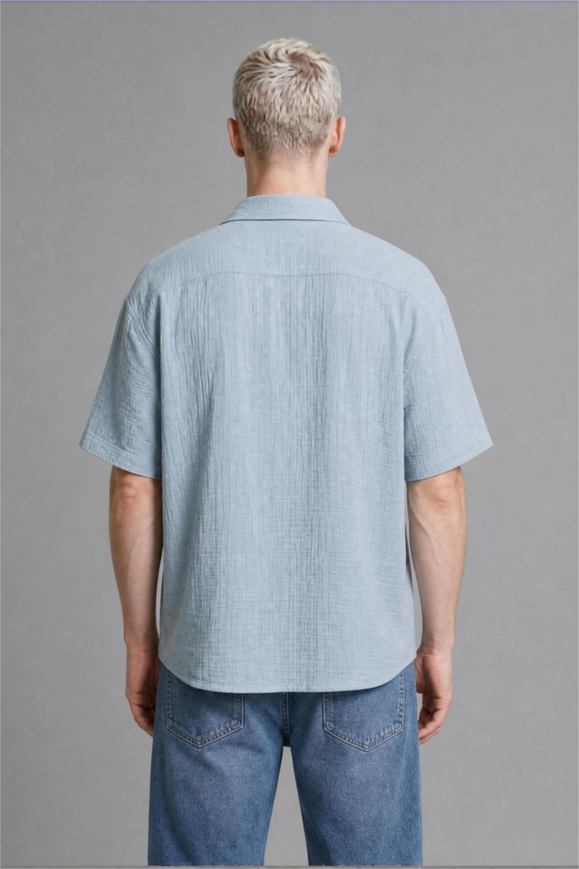 Men Blue Boxy Fit Muslin Short Sleeve Shirt