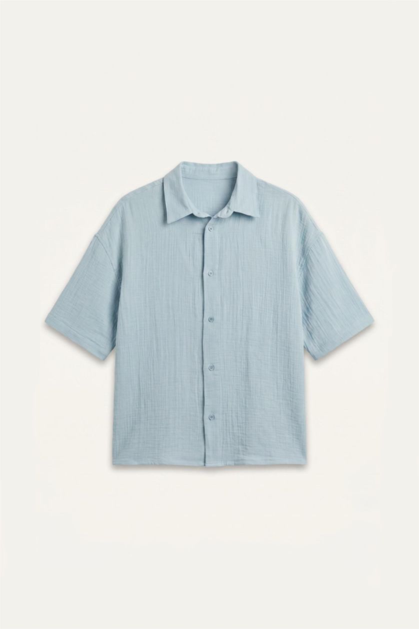 Men Blue Boxy Fit Muslin Short Sleeve Shirt
