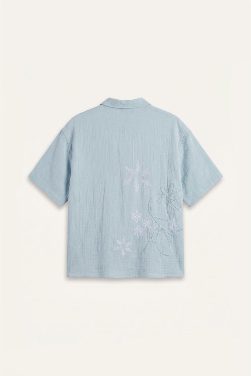 Men Blue Boxy Fit Muslin Short Sleeve Shirt