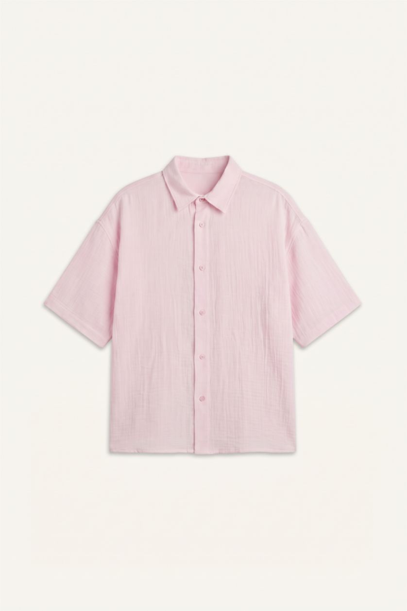 Erkek Pembe Boxy Fit Kısa Kollu Müslin Gömlek