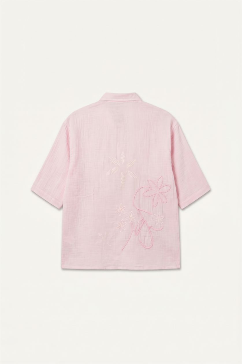 Erkek Pembe Boxy Fit Kısa Kollu Müslin Gömlek