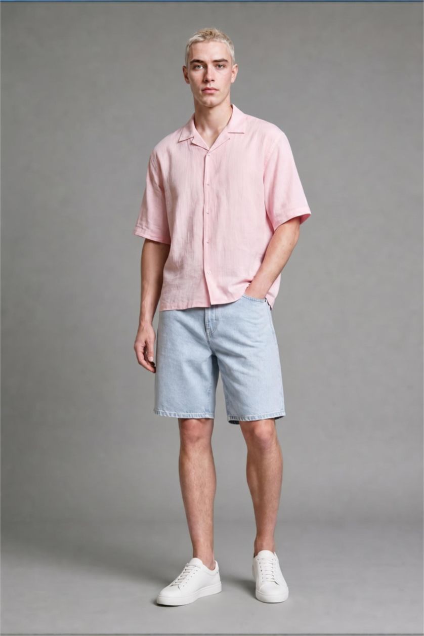 MAN Pink Boxy Fit Embroidered Muslin Short Sleeve Pink Shirt