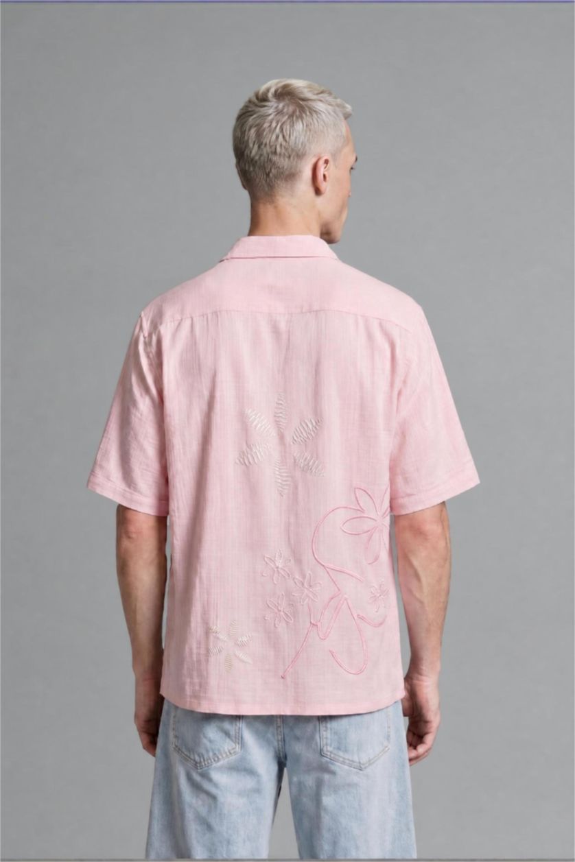 MAN Pink Boxy Fit Embroidered Muslin Short Sleeve Pink Shirt