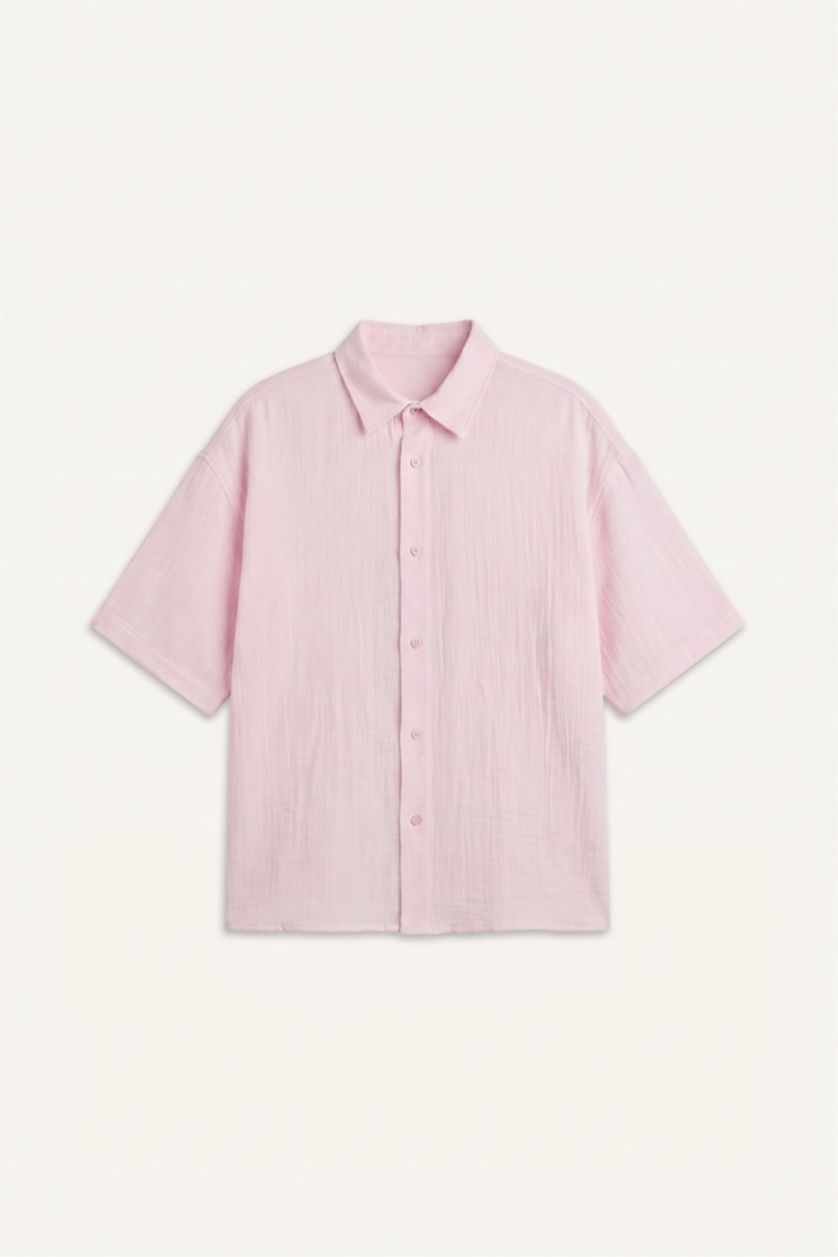 MAN Pink Boxy Fit Embroidered Muslin Short Sleeve Pink Shirt