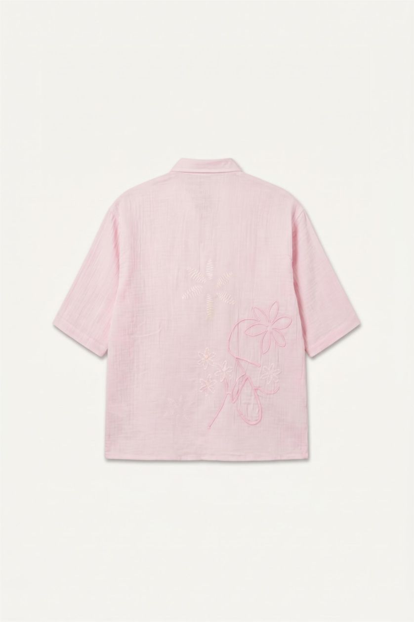 MAN Pink Boxy Fit Embroidered Muslin Short Sleeve Pink Shirt