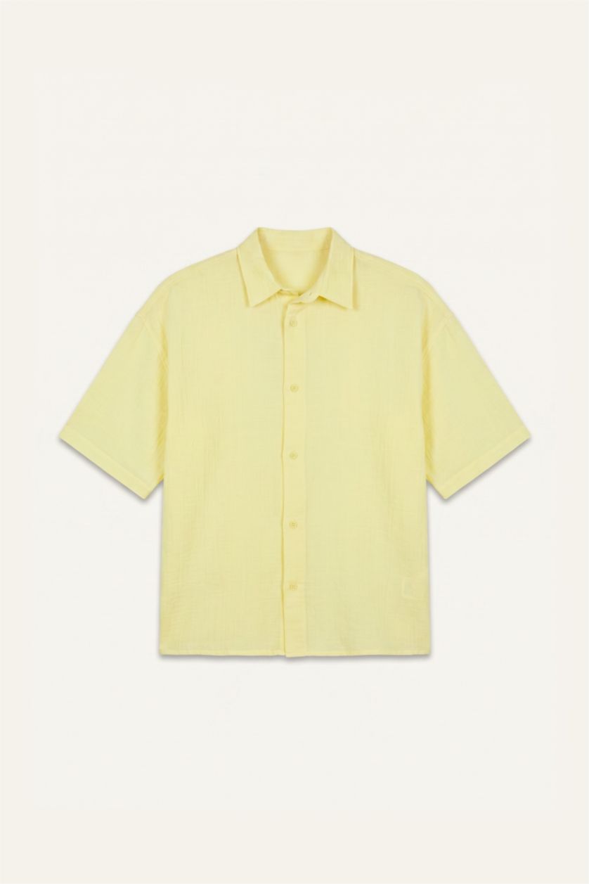 Men Yellow Boxy Fit Muslin Short Sleeve Shirt