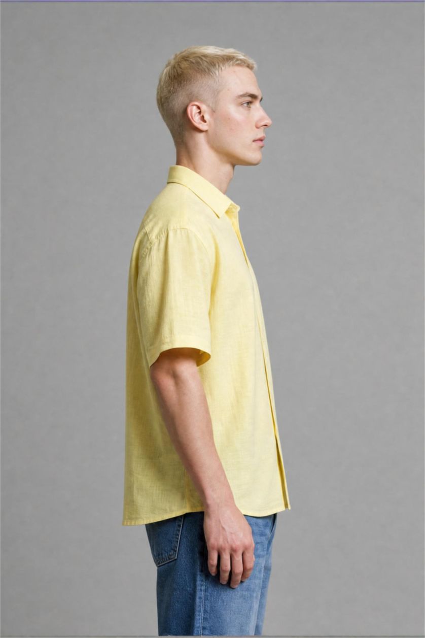 MAN Yellow Boxy Fit Embroidered Muslin Short Sleeve Yellow Shirt