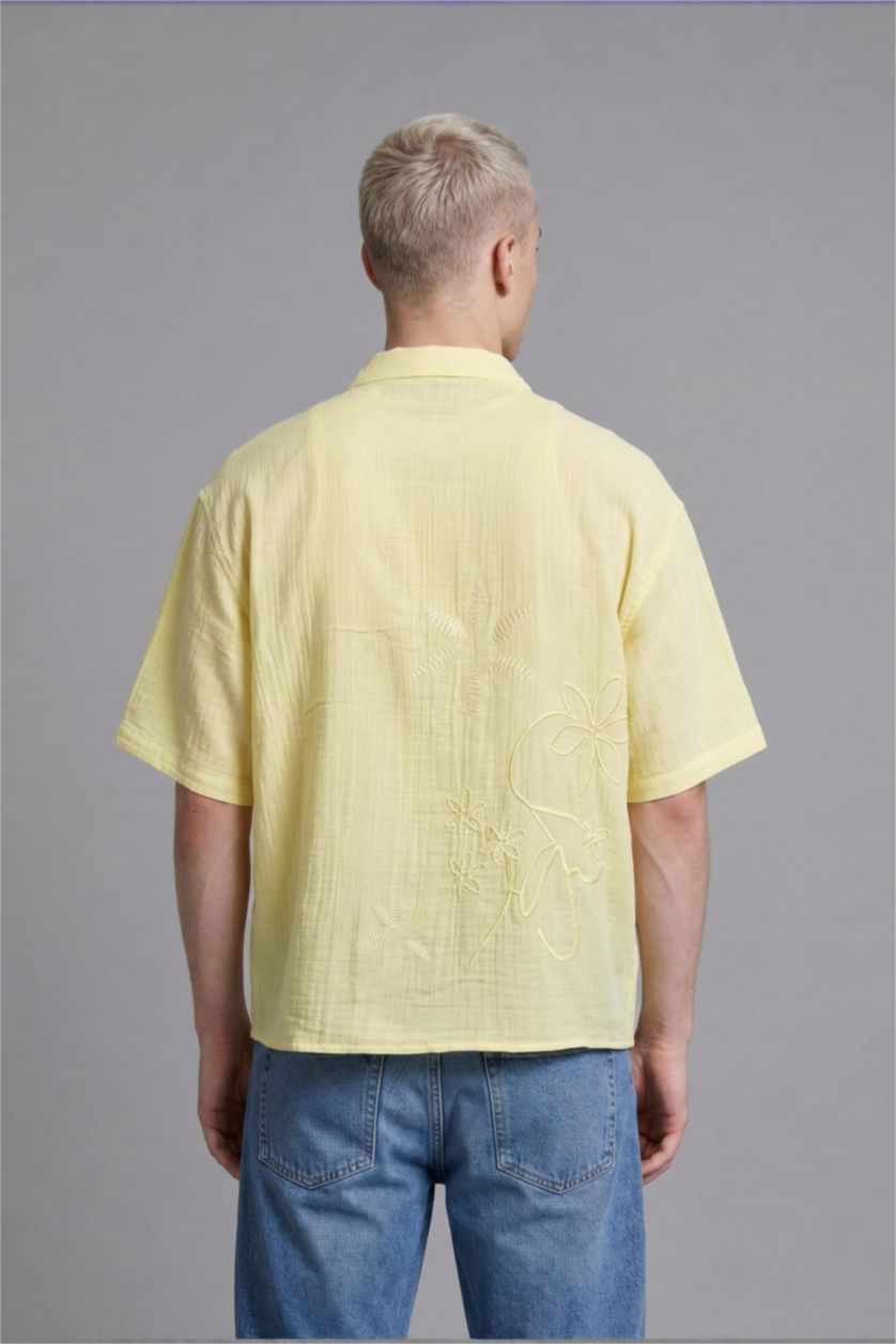 MAN Yellow Boxy Fit Embroidered Muslin Short Sleeve Yellow Shirt