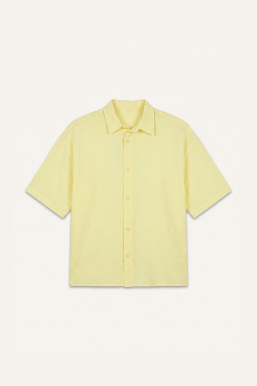 MAN Yellow Boxy Fit Embroidered Muslin Short Sleeve Yellow Shirt