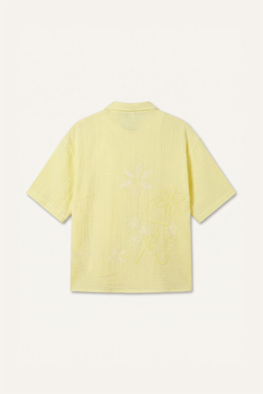MAN Yellow Boxy Fit Embroidered Muslin Short Sleeve Yellow Shirt