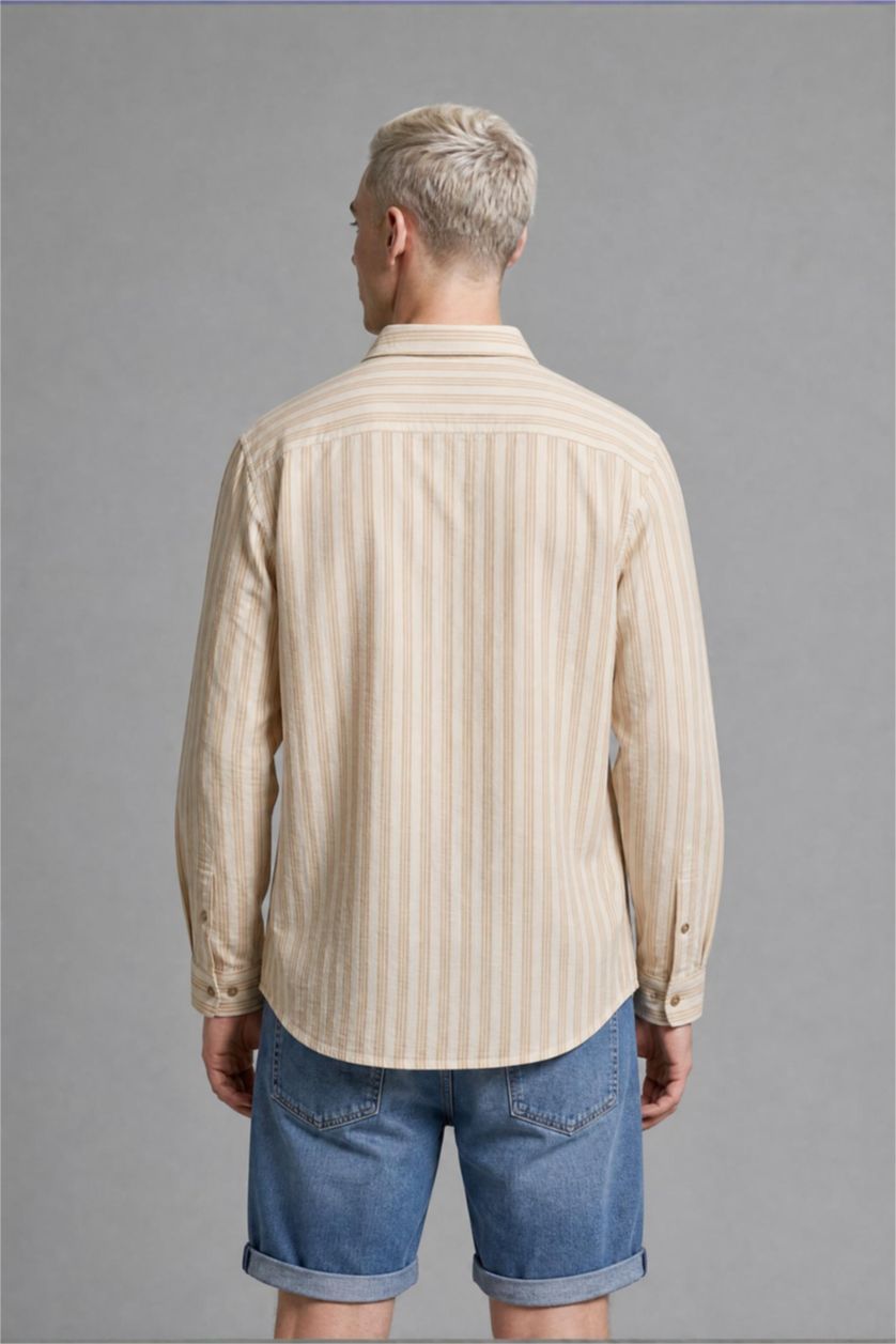 Men Beige Boxy Fit Crinkle Long Sleeve Shirt