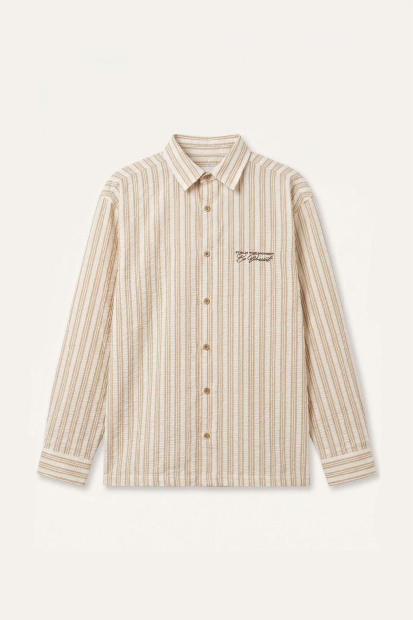 Men Beige Boxy Fit Crinkle Long Sleeve Shirt
