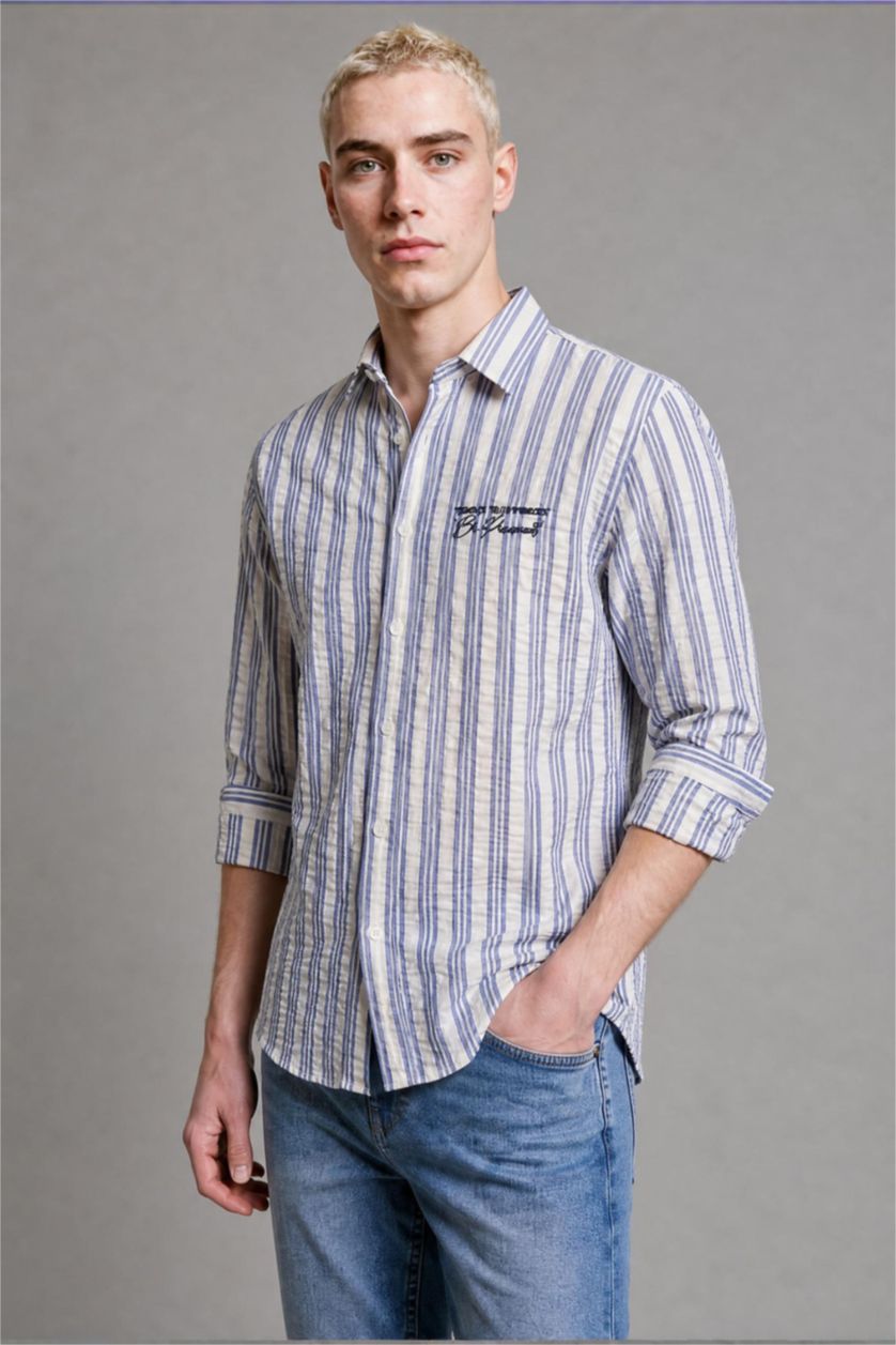 Men Indigo Boxy Fit Crinkle Long Sleeve Shirt