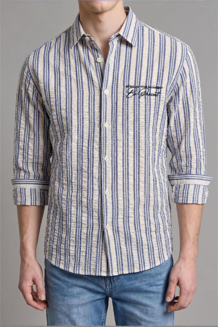 Men Indigo Boxy Fit Crinkle Long Sleeve Shirt