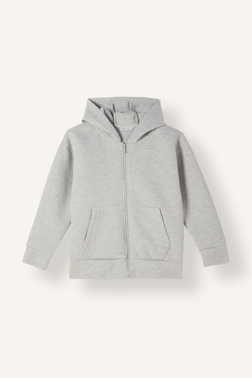Erkek Çocuk - Genç Erkek Gri Melanj Fermuarlı Kapüşonlu Basic Sweatshirt Sweatshirt Hırka