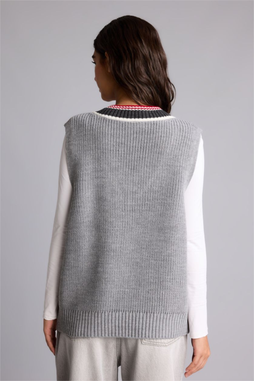 Kadın Gri Melanj Oversize V Yaka Süveter