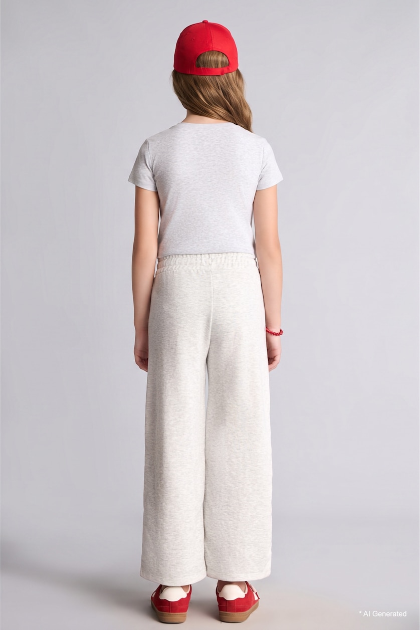 GIRLS & TEENS Light Grey Melange Girl Ribbed Knit Wide Leg Trousers