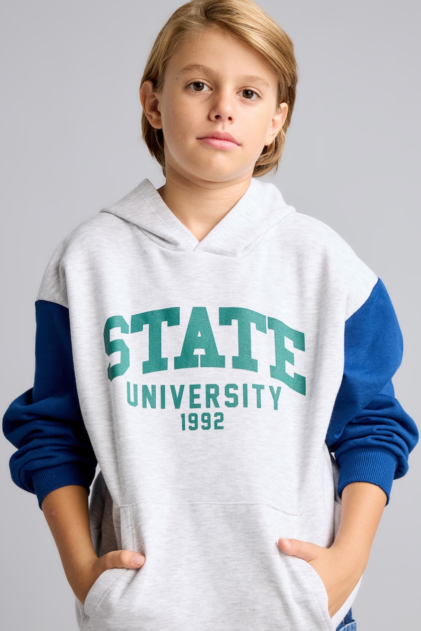 Erkek Çocuk - Genç Erkek Optik Gri Melanj Kapüşonlu İçi Yumuşak Tüylü Kalın Sweatshirt Erkek Çocuk