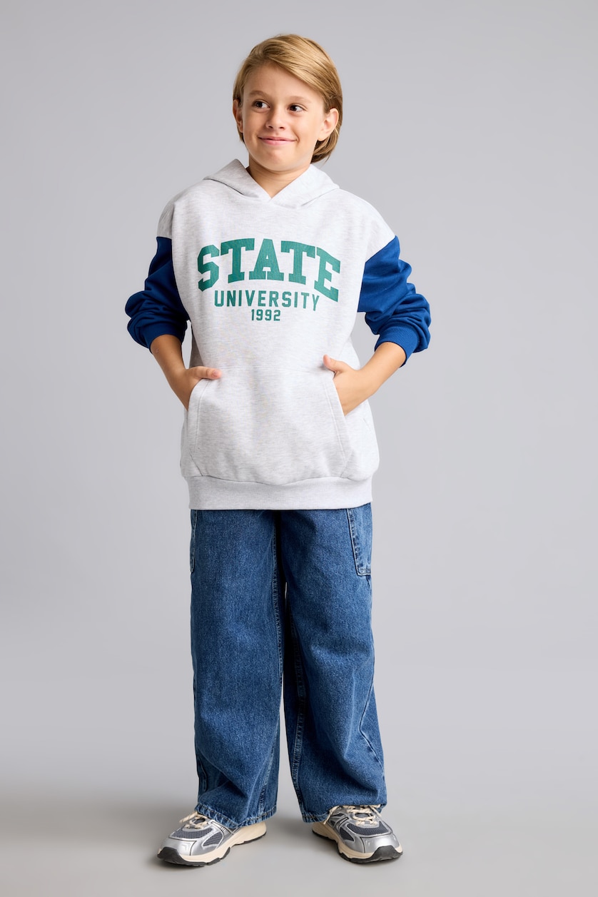 Erkek Çocuk - Genç Erkek Optik Gri Melanj Kapüşonlu İçi Yumuşak Tüylü Kalın Sweatshirt Erkek Çocuk