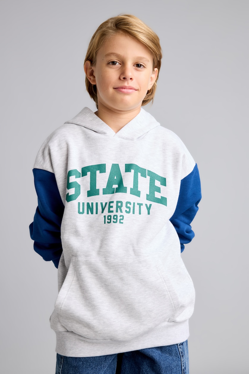 Erkek Çocuk - Genç Erkek Optik Gri Melanj Kapüşonlu İçi Yumuşak Tüylü Kalın Sweatshirt Erkek Çocuk