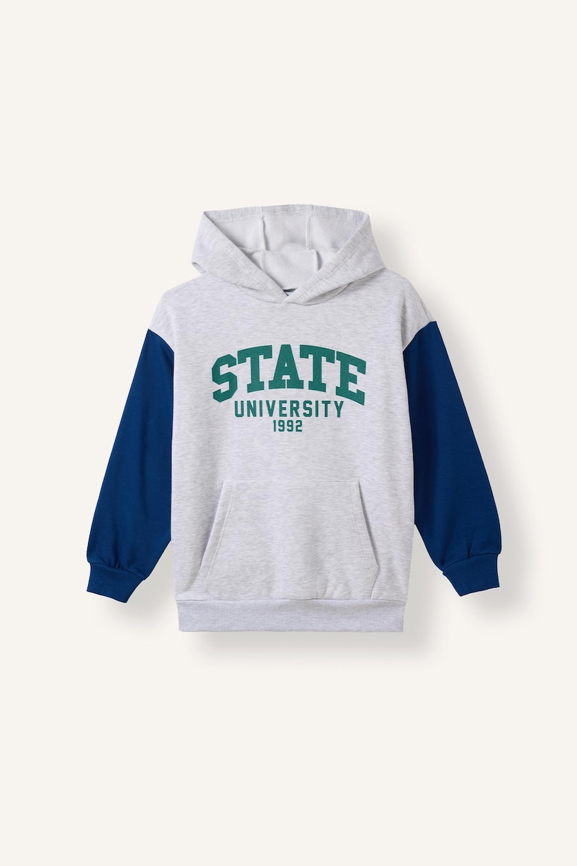Erkek Çocuk - Genç Erkek Optik Gri Melanj Kapüşonlu İçi Yumuşak Tüylü Kalın Sweatshirt Erkek Çocuk