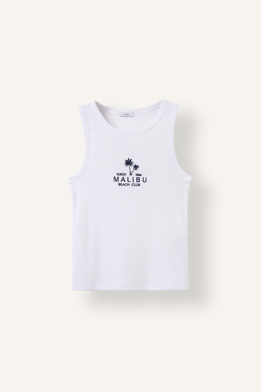 WOMAN White Fitted Palm Print Crew Neck Ribbed Tank Top