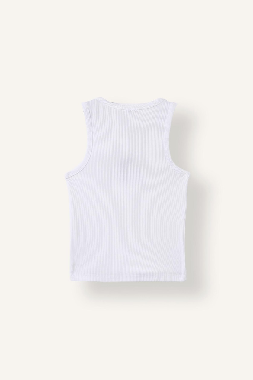 WOMAN White Fitted Palm Print Crew Neck Ribbed Tank Top