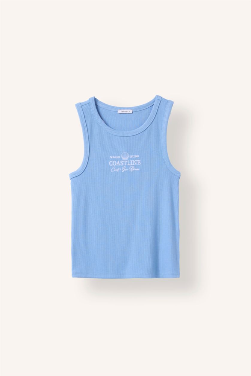 Women Blue Slim Fit Embroidered Camisole Crew Neck Tank Top