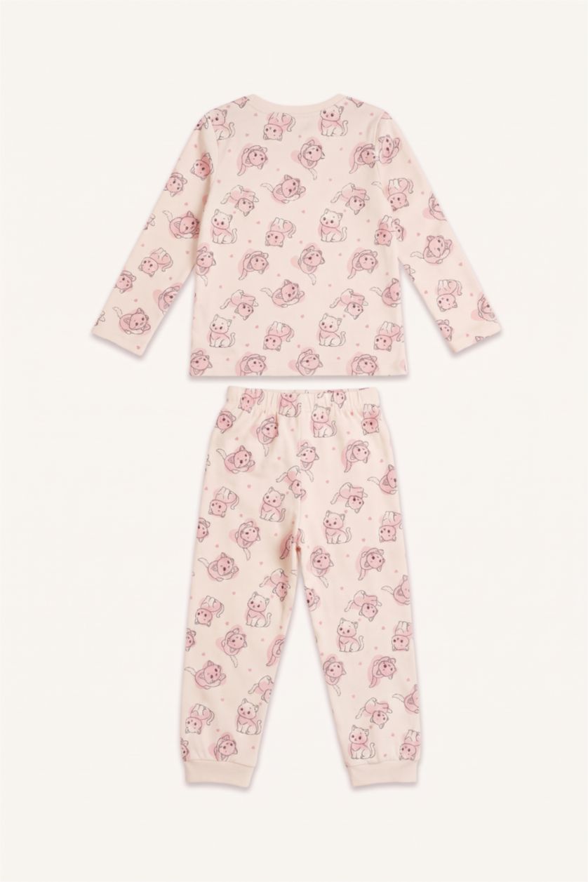 Kız Bebek Ekru %100 Pamuk Baskılı Uzun Kollu Pijama Üstü Esnek Belli Alt 2'li Pijama Takımı Kız Bebek