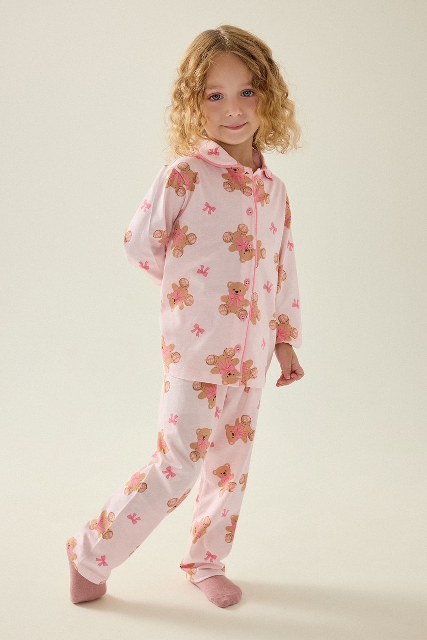 Kız Bebek Açık Pembe 2'li Pijama Takımı Ayıcık Desenli Kız Bebek