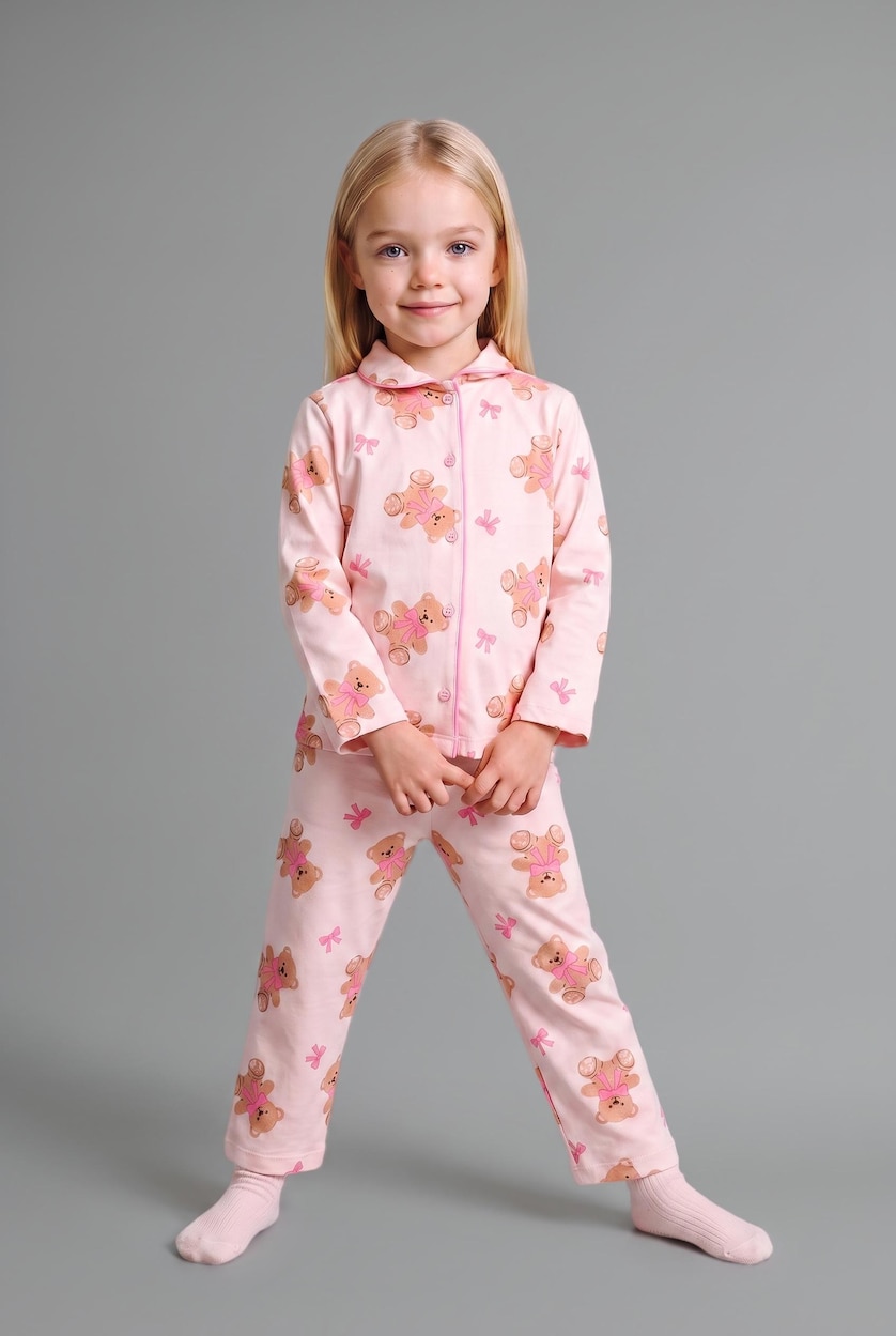 Kız Bebek Açık Pembe 2'li Pijama Takımı Ayıcık Desenli Kız Bebek