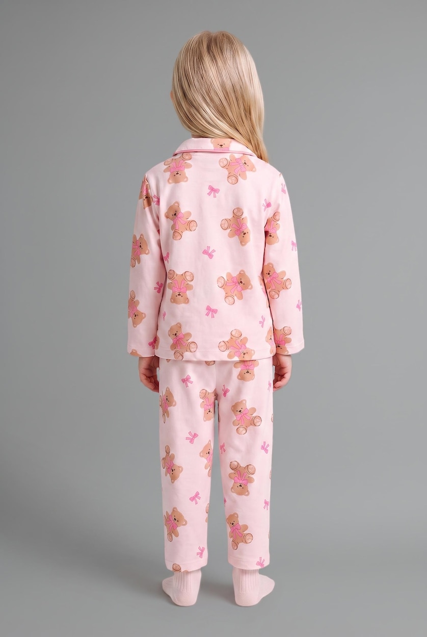 Kız Bebek Açık Pembe 2'li Pijama Takımı Ayıcık Desenli Kız Bebek