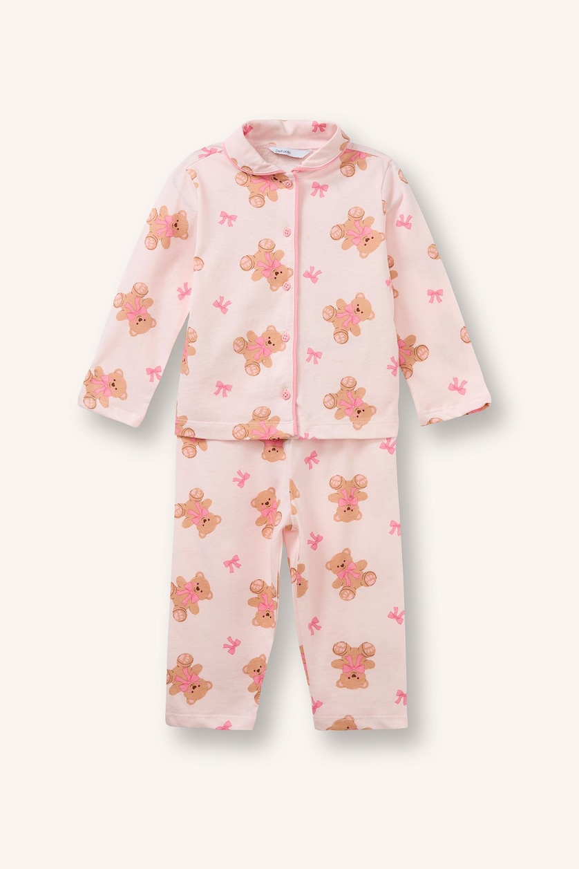 Kız Bebek Açık Pembe 2'li Pijama Takımı Ayıcık Desenli Kız Bebek