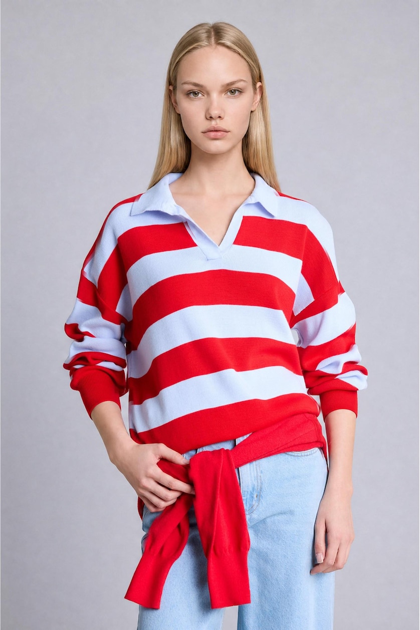 Woman Red Oversize Fit Red Polo Neck Sweater