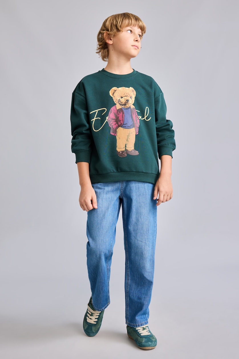 Erkek Çocuk - Genç Erkek Koyu Yeşil Oversize Ayıcıklı Sweatshirt Erkek Çocuk
