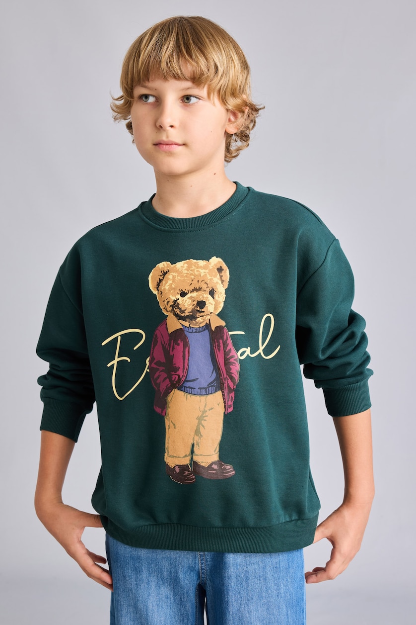 Erkek Çocuk - Genç Erkek Koyu Yeşil Oversize Ayıcıklı Sweatshirt Erkek Çocuk
