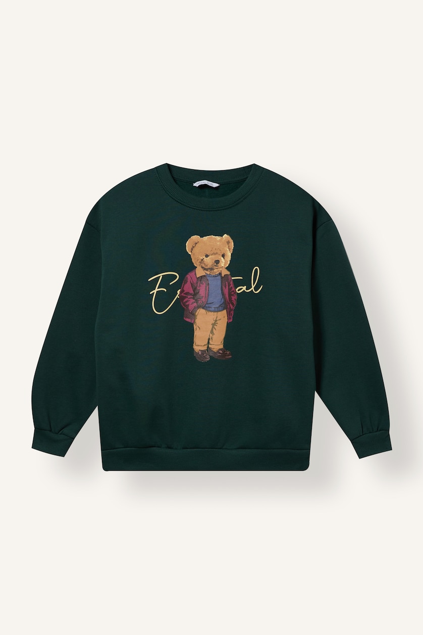 BOYS & TEENS Dark Green سويت شيرت اولادي مطبوع اوفر سايز ببطانة ناعمة