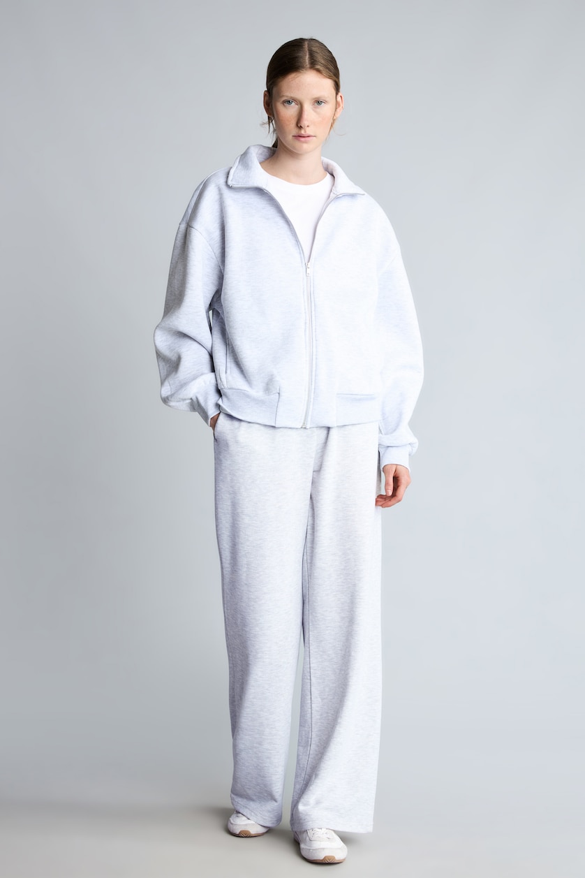 Woman Grey Melange Regular Fit Mock Neck Zip-Up Sweatshirt
