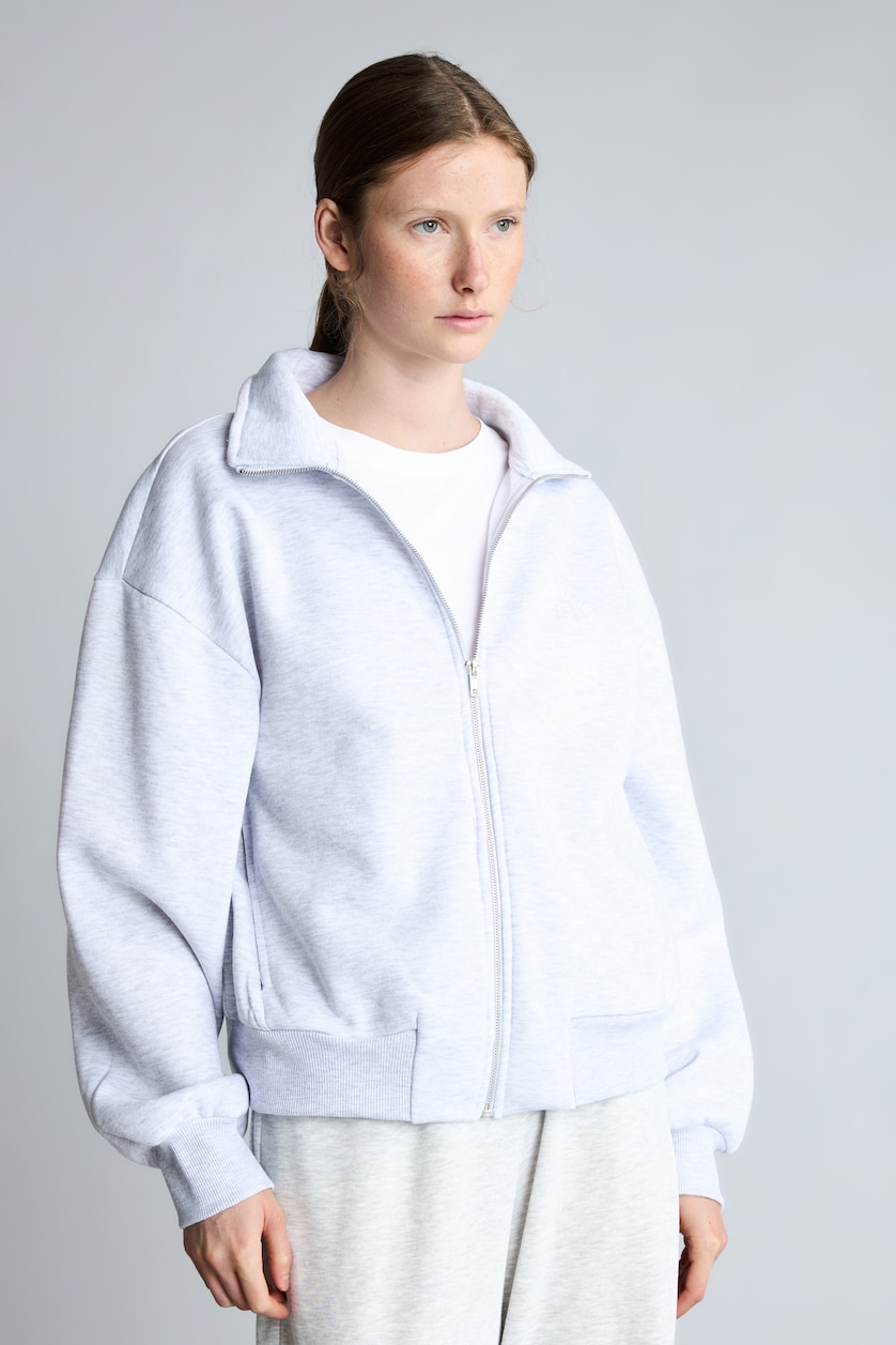 Woman Grey Melange Regular Fit Mock Neck Zip-Up Sweatshirt