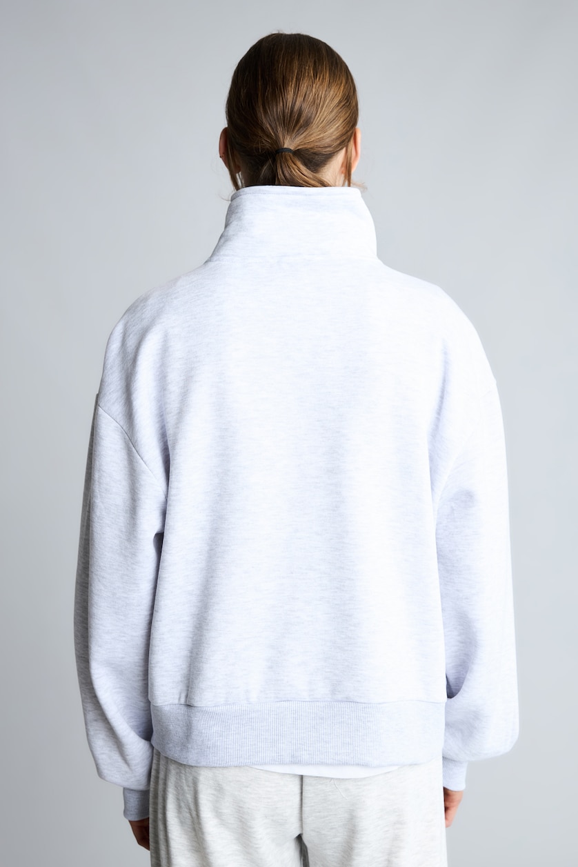 Woman Grey Melange Regular Fit Mock Neck Zip-Up Sweatshirt