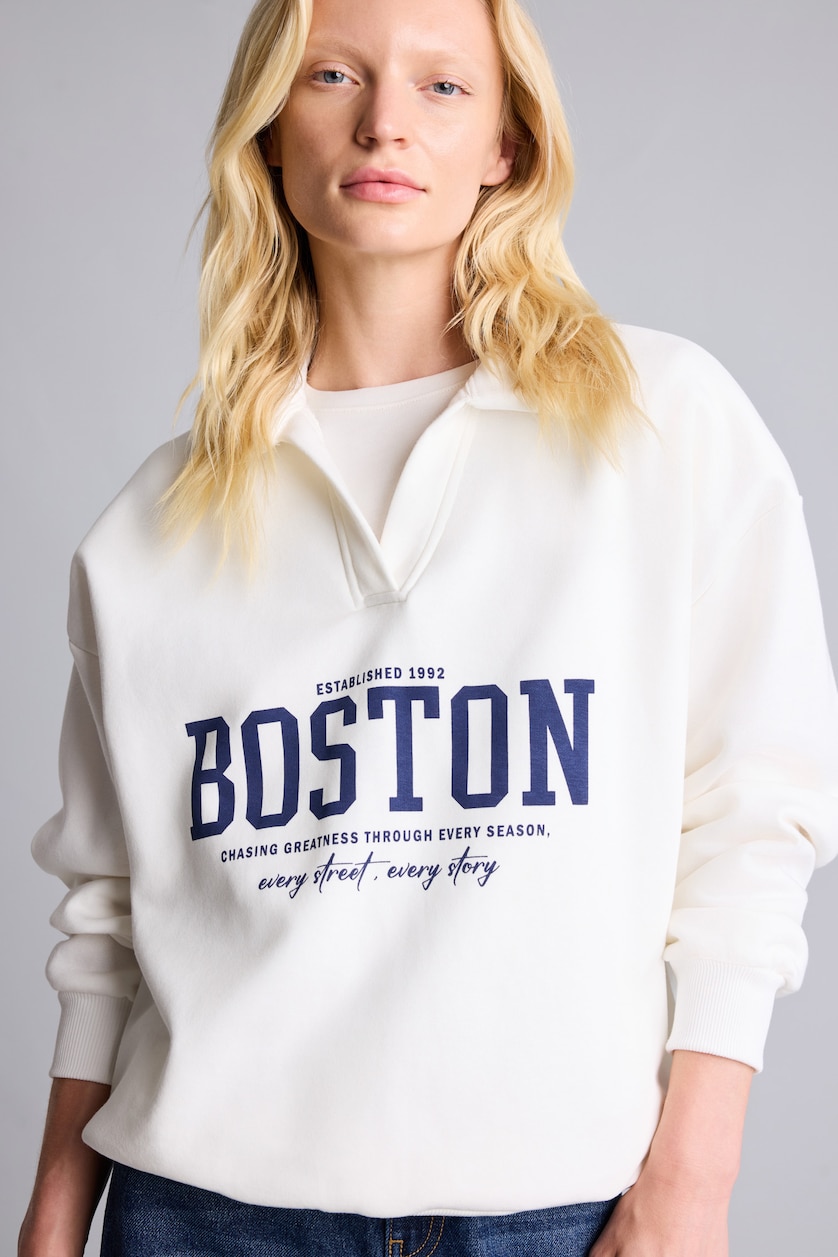 Kadın Ekru Relax Fit Polo Yaka Baskılı Sweatshirt
