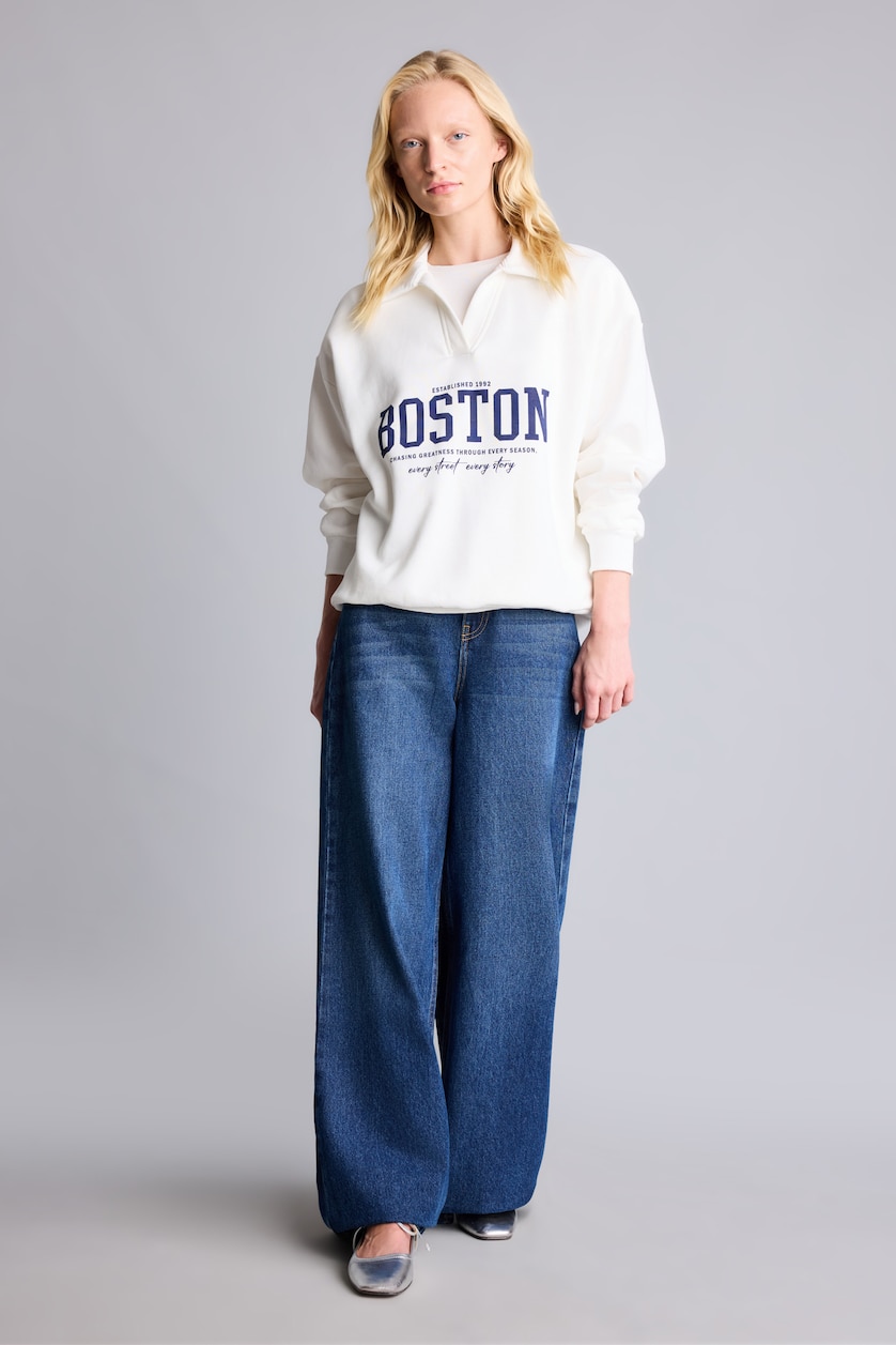 Kadın Ekru Relax Fit Polo Yaka Baskılı Sweatshirt